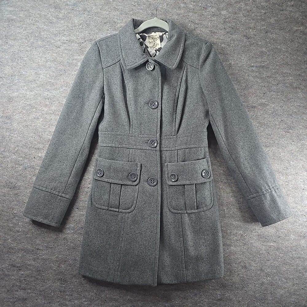 Tulle Gray Wool Blend Long Button-Up Over Coat Womens Size M Pockets
